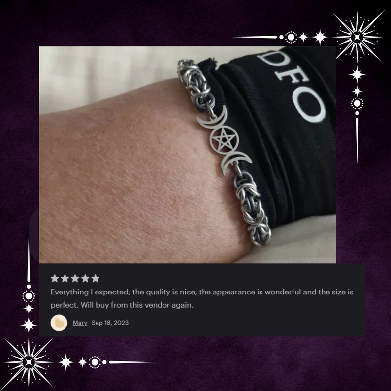 May include: A silver bracelet with a triple moon and pentacle charm. The bracelet is made of a woven metal chain.
