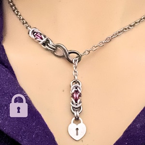 Locking Infinity and Heart Padlock Charm Y Necklace • Stainless Steel Lariat Necklace • Lockable Day Collar • Discreet Sub Collar Locking