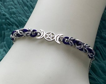 Witchy bracelet with Triple Moon Goddess Pentagram | Celtic and Witchy Chainmail bracelet | Mystical Wiccan Sacred Moon pentacle for witch