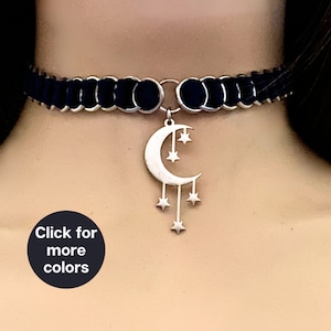 Crescent Moon and Stars Ribbon Choker | Mystical Witchy Jewelry | Celestial Moon and Stars Choker, Witchy Accessories for the Modern Witch
