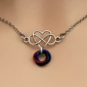 Heart Infinity necklace with poly pride flag Mobius by Embellishmaille • Polyamorous Jewelry • Locking Option Available • Throuple gift idea