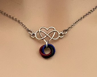 Heart Infinity necklace with poly pride flag Mobius by Embellishmaille • Polyamorous Jewelry • Locking Option Available • Throuple gift idea