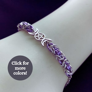 Witchy bracelet with Triple Moon Goddess Pentagram | Celtic and Witchy Chainmail bracelet | Mystical Wiccan Sacred Moon pentacle for witch