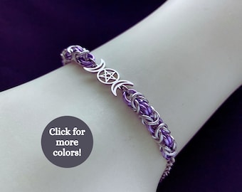 Witchy bracelet with Triple Moon Goddess Pentagram | Celtic and Witchy Chainmail bracelet | Mystical Wiccan Sacred Moon pentacle for witch
