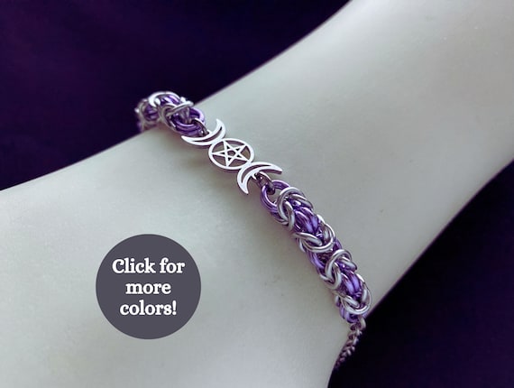 Witchy bracelet with Triple Moon Goddess Pentagram | Celtic and Witchy Chainmail bracelet | Mystical Wiccan Sacred Moon pentacle for witch