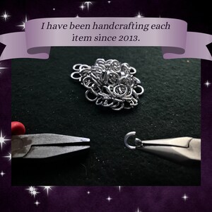May include: A close-up of silver jump rings and pliers on a black surface. The text "I have been handcrafting each item since 2013." is visible in the image.