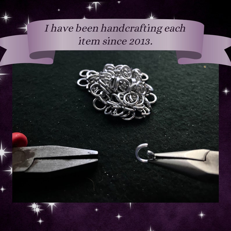 May include: A close-up of silver jump rings and pliers on a black surface. The text "I have been handcrafting each item since 2013." is visible in the image.