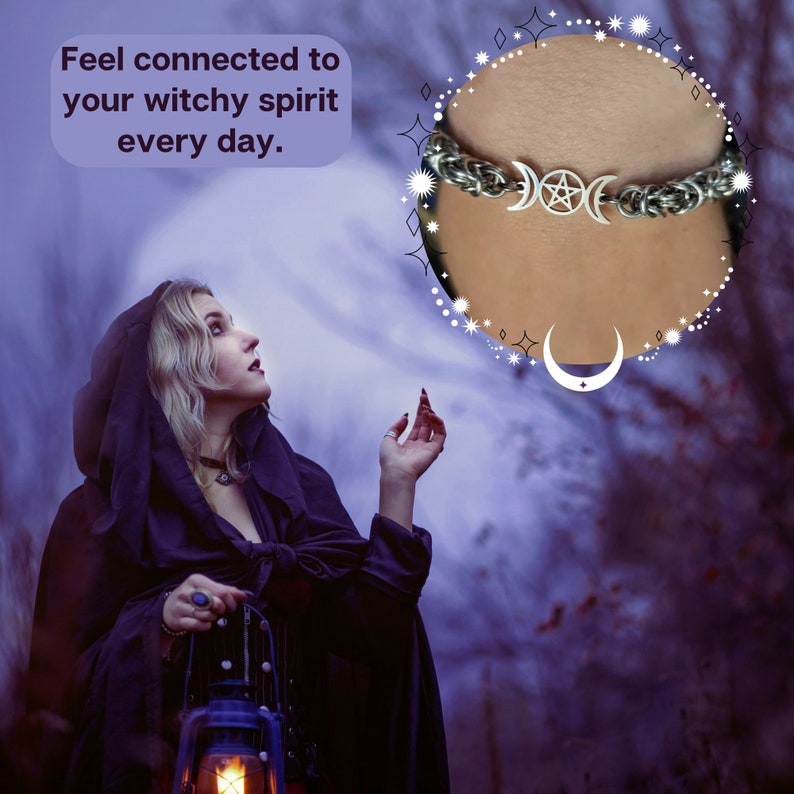 May include: A silver bracelet with a triple moon and pentacle charm. The bracelet is on a person's wrist. The image has a purple and white background with the text "Feel connected to your witchy spirit every day."