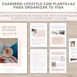 Puede incluir: Un ebook digital de planificador de estilo de vida con el título "LIFESTYLE PLANNER organiza tu vida" y el texto "CUADERNO LIFESTYLE CON PLANTILLAS PARA ORGANIZAR TU VIDA". El ebook incluye consejos y plantillas para el bienestar, la planificación y la calma.
