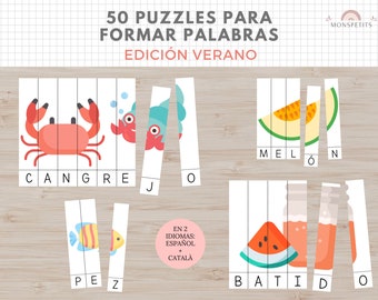 Puzzles de letras, Verano, Vocabulario, Lectura, Juego Niños, Imprimible, Español, Català, Descarga Digital, Educación, Homeschooling