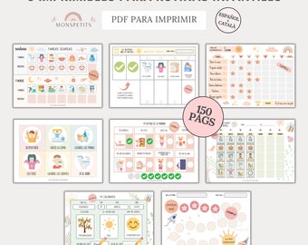 May include: A set of 8 printable charts for children's routines, featuring a variety of colorful illustrations and checkboxes. The charts are designed to help children learn and follow daily routines, such as getting dressed, brushing teeth, and completing homework. The charts are available in Spanish and Catalan languages. The text on the image reads "MEGA PACK 8 IMPRIMIBLES PARA RUTINAS INFANTILES PDF PARA IMPRIMIR ESPAÑOL CATALA MONSPETITS 150 PAGS www.monspetits.com @monspetits"