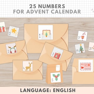 25 Advent Calendar Numbers, Numbers for Envelopes, Boxes, Christmas Printable, Kids, English, Education, Digital Download, Homeschooling