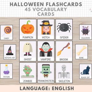 May include: A set of 45 Halloween flashcards featuring colorful illustrations of various Halloween-themed objects and characters, including a witch, a ghost, a vampire, a pumpkin, a spider, a cauldron, a broom, a bone, a potion, a zombie, Frankenstein, a skeleton, a black cat, and a witch's hat. The text "HALLOWEEN FLASHCARDS 45 VOCABULARY CARDS" is at the top of the image. The text "LANGUAGE: ENGLISH" is at the bottom of the image.