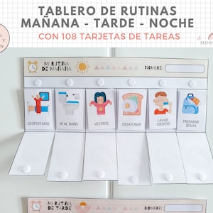 Op de afbeelding: Een wit bord met een kleurrijke zon en een klok erop. Het bord is verdeeld in secties met koppen in het Spaans: "Mi Rutina de Ma&ntilde;ana" en "Mi Rutina de Tarde". Elke sectie heeft een rij van zes lege kaarten met een kleine witte cirkel op elke kaart. Het bord is ontworpen voor kinderen om dagelijkse routines te leren.
