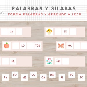 May include: A printable educational worksheet in Spanish for kids to learn how to form words and syllables. The worksheet features colorful illustrations of a bird, peach, butterfly, house, flowers, and a chick. The words "Palabras y S&iacute;labas" are at the top of the worksheet, and the words "Forma Palabras y Aprende a Leer" are below. The worksheet is designed to be printed and used as a learning tool.