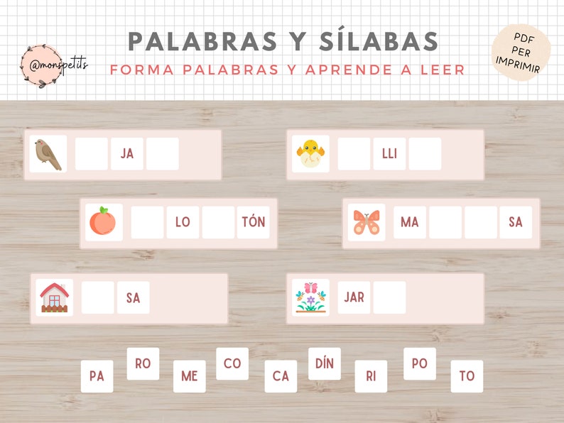 May include: A printable educational worksheet in Spanish for kids to learn how to form words and syllables. The worksheet features colorful illustrations of a bird, peach, butterfly, house, flowers, and a chick. The words "Palabras y S&iacute;labas" are at the top of the worksheet, and the words "Forma Palabras y Aprende a Leer" are below. The worksheet is designed to be printed and used as a learning tool.