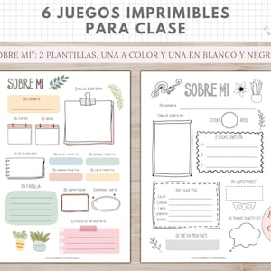 6 Juegos Imprimibles para Clase, Sobre Mi, Bingo Materiales, Busca y Encuentra, Entrevista maestra, Español, Català, Aprendizaje, Educación