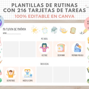 Plantillas de Rutinas con 216 tarjetas de tareas para niños, EDITABLE en Canva, Español, Català, Imprimible en PDF, Digital, Homeschooling