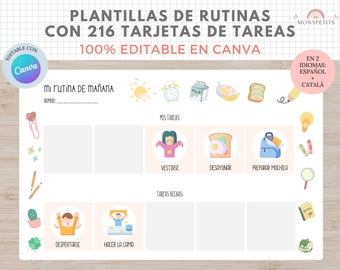 Plantillas de Rutinas con 216 tarjetas de tareas para niños, EDITABLE en Canva, Español, Català, Imprimible en PDF, Digital, Homeschooling