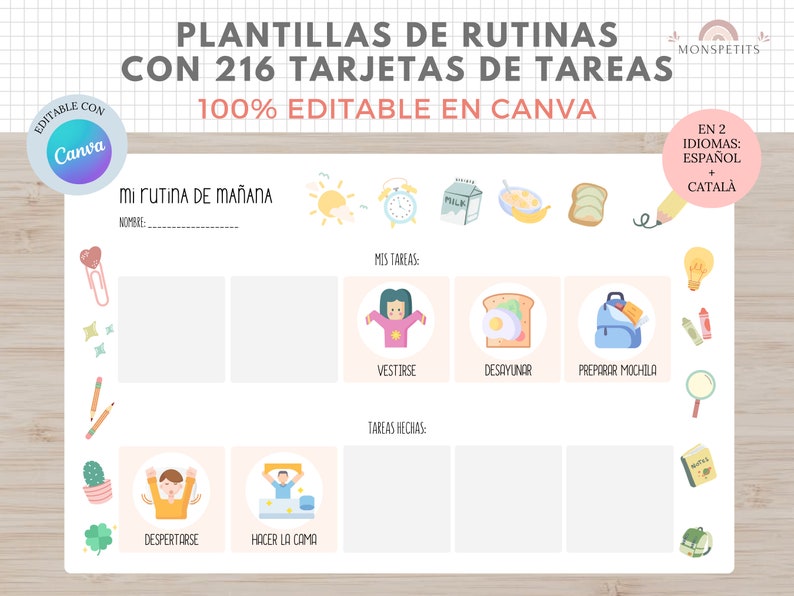 Plantillas de Rutinas con 216 tarjetas de tareas para niños, EDITABLE en Canva, Español, Català, Imprimible en PDF, Digital, Homeschooling imagen 1