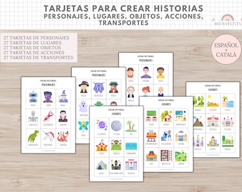 135 Tarjetas para Crear Historias, Personajes, Lugares, Objetos, Acciones, Transporte, Imprimible, Español, Català, Aprendizaje, Educación