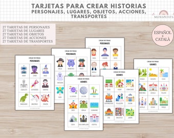 135 Tarjetas para Crear Historias, Personajes, Lugares, Objetos, Acciones, Transporte, Imprimible, Español, Català, Aprendizaje, Educación