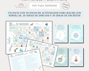 Pack 30 Días de Invierno Niños, 30 Ideas Actividades, Retos Dibujo, Retos Escritura, Aprendizaje, Español, Català, Imprimible, Descarga, PDF
