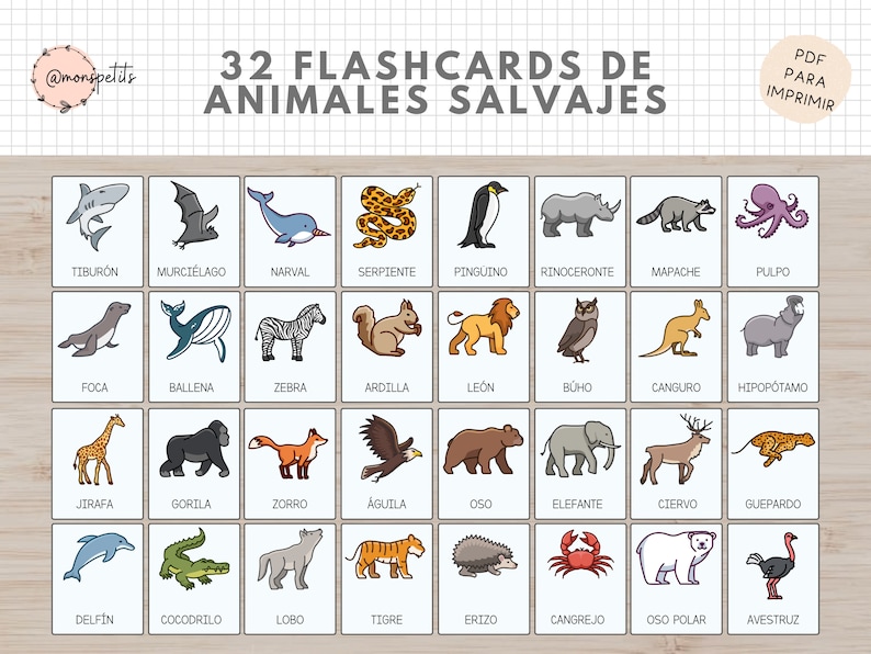 32 Flashcards Animales De Salvajes Castellano / Español Vocabulario Imprimible Educativo Para
