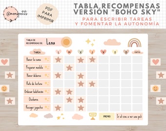 May include: A printable chart with a boho sky theme for kids to track their chores and earn rewards. The chart has a grid with spaces for each day of the week and a list of chores like making the bed, packing a backpack, and doing homework. The chart also includes a section for rewards, such as going to the movies.