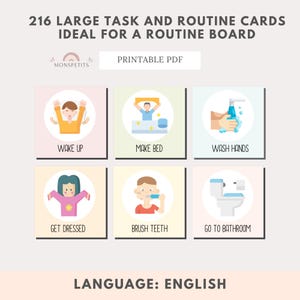 May include: A set of six printable routine cards for children. Each card features a colorful illustration and text describing a daily task, such as "Wake Up", "Make Bed", "Wash Hands", "Get Dressed", "Brush Teeth", and "Go to Bathroom".