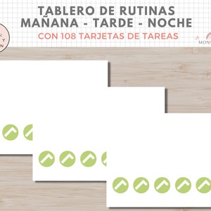 Op de afbeelding: Een printbaar routinebord met drie lege witte kaarten en groene pijlen onderaan elke kaart. De tekst bovenaan het bord luidt "TABLERO DE RUTINAS MA&Ntilde;ANA - TARDE - NOCHE CON 108 TARJETAS DE TAREAS MONSPETITS".