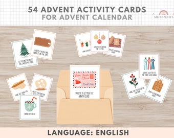 Puede incluir: Un conjunto de 54 tarjetas ilustradas con actividades para un calendario de Adviento. Las tarjetas presentan una variedad de actividades con temática navideña, como decorar el árbol de Navidad, escribir cartas a Papá Noel y hornear galletas de jengibre. Las tarjetas están impresas en cartulina blanca y tienen un diseño colorido y festivo.