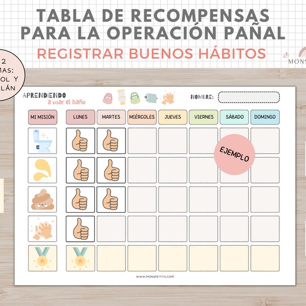 Tabla Recompensas Operación Pañal Niños Bebés, Imprimible A4, Español, Català, Potty Chart, Plantilla Descarga Digital, Homeschooling