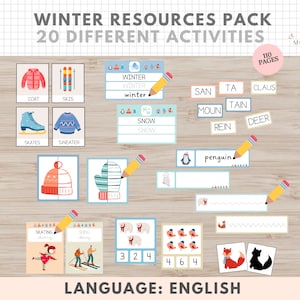 Può includere: Un set di attività educative stampabili a tema invernale per bambini. Il set include attività come l'abbinamento, il conteggio e la costruzione di parole. Le attività sono progettate per aiutare i bambini ad imparare il vocabolario e i concetti invernali. Il set include 110 pagine ed è in inglese.