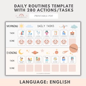 Daily Tasks Template, Kids Routines, Organization, Planner, English, Printable Educational, Digital Download, Homeschooling