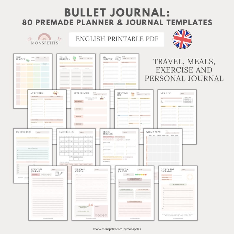 80 plantillas de diario de planificador prefabricadas, imprimibles, plantillas de seguimiento de Bullet Journal, inglés, año en píxeles, organización, descarga digital imagen 6