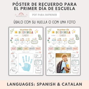 Puede incluir: Un póster imprimible para el primer día de escuela, con el texto "Mi primer día de escuela". El póster incluye espacios para el nombre, la edad y las cosas favoritas del niño. El diseño está disponible en español y catalán.
