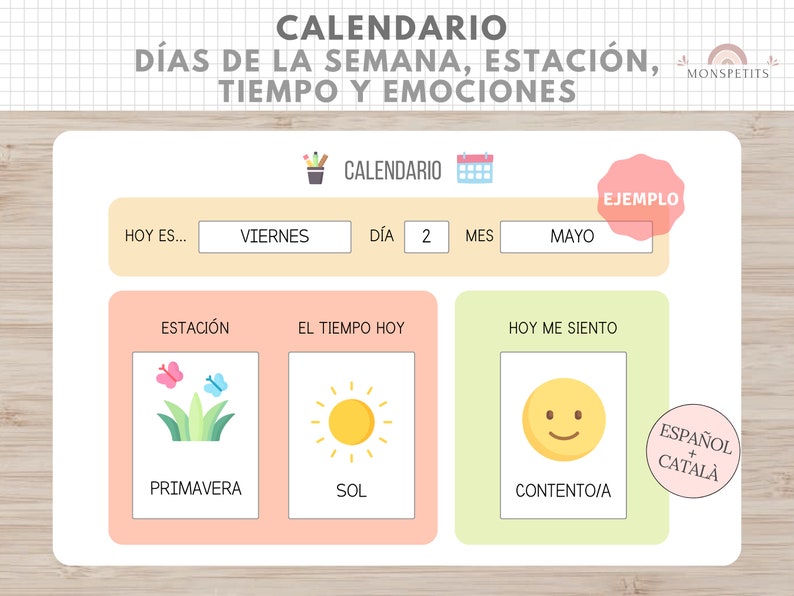 Calendario Días Semana, Estación, Tiempo, Emociones, Organización Niños, Español, Català, Asamblea, Rutinas y Hábitos, Educación Infantil imagen 1