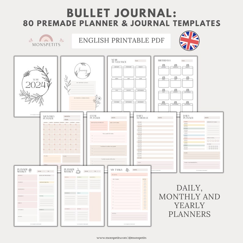 80 plantillas de diario de planificador prefabricadas, imprimibles, plantillas de seguimiento de Bullet Journal, inglés, año en píxeles, organización, descarga digital imagen 2