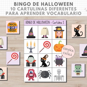 Bingo Temática Halloween, Juego, Vocabulario Niños, Imprimible, Español, Català, Aprendizaje, Descarga Digital, Educación, Homeschooling imagen 1