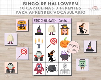 Bingo Temática Halloween, Juego, Vocabulario Niños, Imprimible, Español, Català, Aprendizaje, Descarga Digital, Educación, Homeschooling