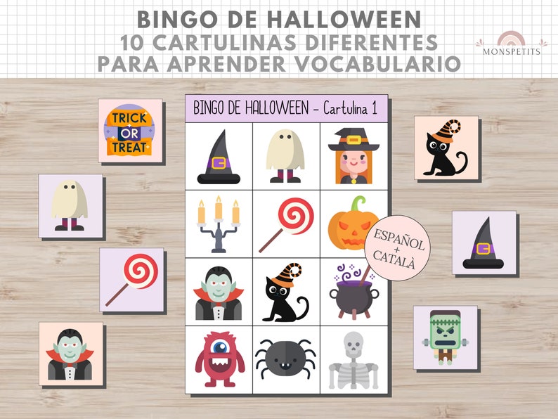 Bingo Temática Halloween, Juego, Vocabulario Niños, Imprimible, Español, Català, Aprendizaje, Descarga Digital, Educación, Homeschooling imagen 1
