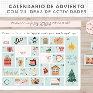 Calendario Adviento Imprimible Horizontal, Plantilla con 24 Ideas de Actividades, Navidad, Español, Català, Descarga Digital, Homeschooling