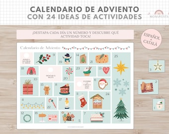 Calendario Adviento Imprimible Orizzontale, Plantilla con 24 Ideas de Actividades, Navidad, Español, Català, Descarga Digital, Homeschooling