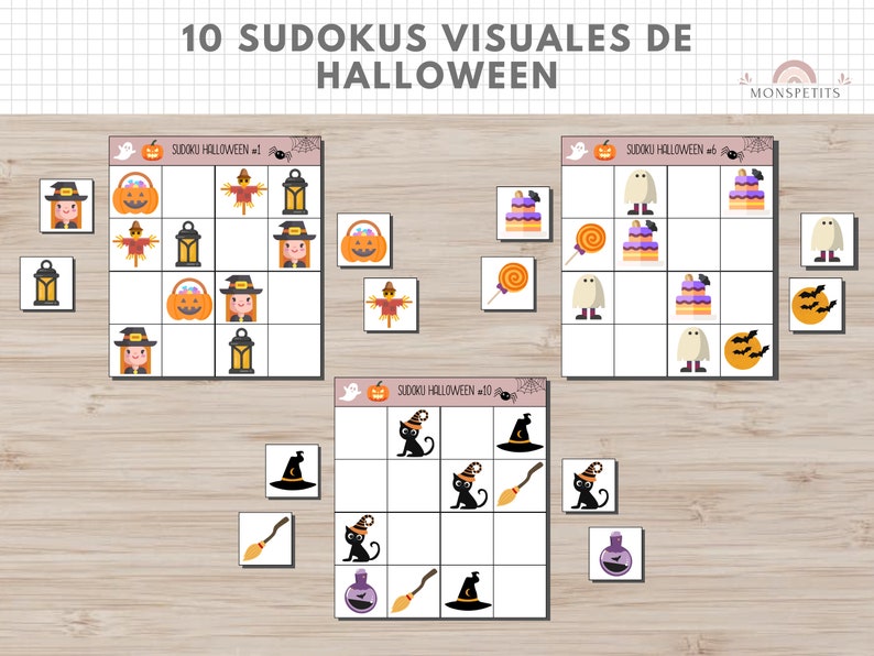 10 Sudokus Halloween, Juego, Lógica, Mates, Niños, Imprimible, Español, Català, Aprendizaje, Descarga Digital, Educación, Homeschooling imagen 1