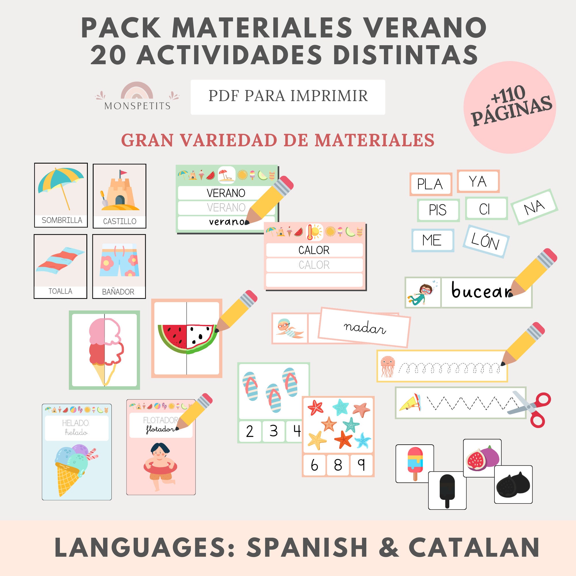 Mega Pack Materiales Verano, 20 actividades, +110 páginas, Lectoescritura, Números, Imprimible, Español, Català, Educación, Homeschooling