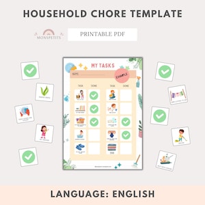 Visuele planner huishoudelijke taken, kinderen, afdrukbare routines, voorschoolse educatie, pdf-download, Engels, thuisonderwijs