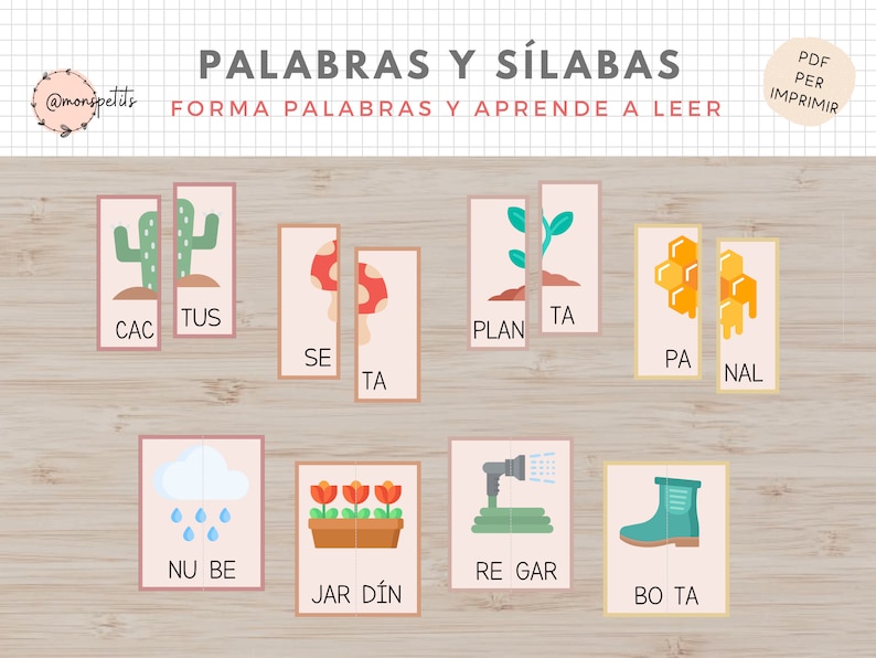 May include: A printable educational activity for kids to learn Spanish words and syllables. The colorful cards feature images of a cactus, mushroom, plant, honeycomb, rain cloud, flower pot, watering can, and a rain boot. The cards are labeled with the Spanish words and syllables for each image.