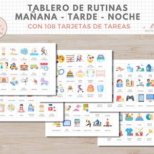 Op de afbeelding: Een set van drie kleurrijke kaarten met 108 ge&iuml;llustreerde kaarten voor de dagelijkse routines van kinderen. De kaarten zijn gelabeld met "Ochtend", "Middag" en "Avond" en bevatten activiteiten zoals "Buiten spelen", "Een boek lezen" en "Baden". De kaarten zijn in het Spaans en Catalaans.
