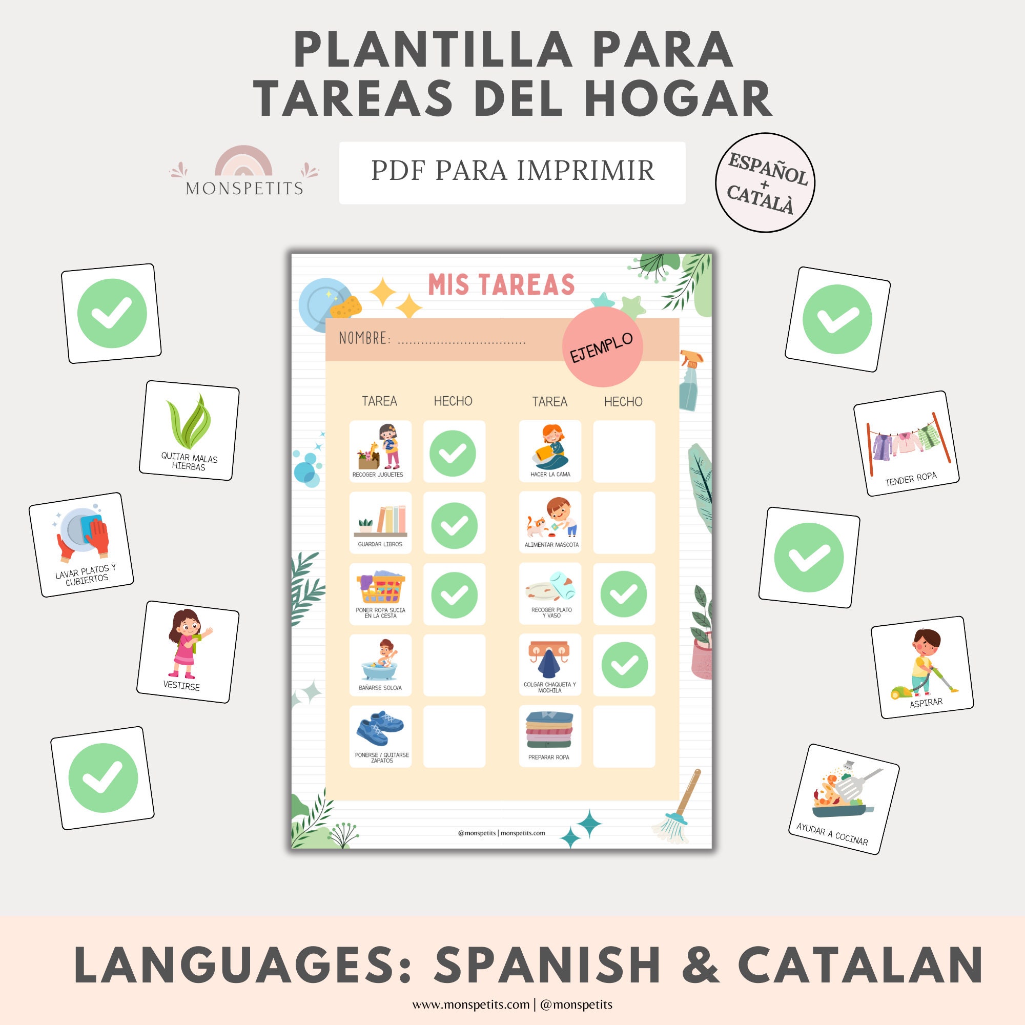Planificador Tareas del Hogar Visual, Niños, Imprimible Rutinas Infantil, Educacion Infantil, Descarga PDF, Español, Català, Homeschooling